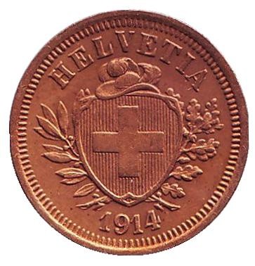 Монета 1 раппен. 1914 год, Швейцария. aUNC.
