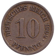 Монета 10 пфеннигов. 1902 год (E), Германская империя. Монета 10 пфеннигов. 1902 год (E), Германская империя.