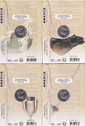 Набор из 4-х монет номиналом 10 евро. 2024 год, Франция. 180 лет роману "Три мушкетера". Набор из 4-х монет номиналом 10 евро. 2024 год, Франция. 180 лет роману "Три мушкетера".