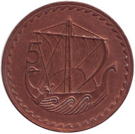 Монета 5 миллей. 1978 год, Кипр. Древнее торговое судно. Монета 5 миллей. 1978 год, Кипр. Древнее торговое судно.