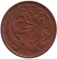 Монета 2 цента. 1973 год, Австралия. Плащеносная ящерица. Монета 2 цента. 1973 год, Австралия. Плащеносная ящерица.