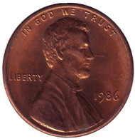 Монета 1 цент. 1986 год (P), США. Линкольн. Монета 1 цент. 1986 год (P), США. Линкольн.