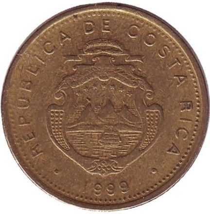 Монета 5 колонов. 1999 год, Коста-Рика. Монета 5 колонов. 1999 год, Коста-Рика.