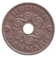 Монета 5 крон. 1992 год, Дания.