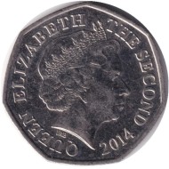 Монета 50 пенсов. 2014 год, Джерси. Замок Гросне. Монета 50 пенсов. 2014 год, Джерси. Замок Гросне.