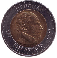 Монета 10 песо. 2000 год (**), Уругвай. Монета 10 песо. 2000 год (**), Уругвай.