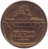 Монета 5 марок. 1979 год, Финляндия. Ледокол Урхо. Монета 5 марок. 1979 год, Финляндия. Ледокол Урхо.