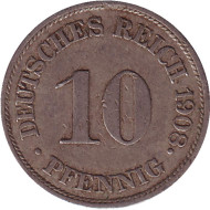 Монета 10 пфеннигов. 1908 год (J), Германская империя. Монета 10 пфеннигов. 1908 год (J), Германская империя.