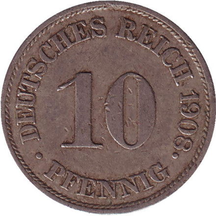 Монета 10 пфеннигов. 1908 год (J), Германская империя.