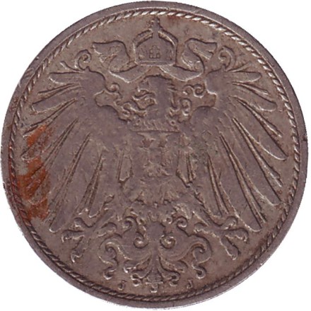Монета 10 пфеннигов. 1908 год (J), Германская империя. Монета 10 пфеннигов. 1908 год (J), Германская империя.