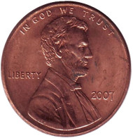 Монета 1 цент. 2007 год (P), США. Линкольн. Монета 1 цент. 2007 год (P), США. Линкольн.