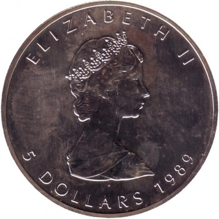 Монета 5 долларов. 1989 год, Канада. Кленовый лист.