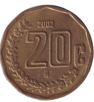 Монета 20 сентаво. 2002 год, Мексика.