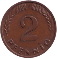Монета 2 пфеннига. 1960 год (F), ФРГ. Дубовые листья. Монета 2 пфеннига. 1960 год (F), ФРГ. Дубовые листья.