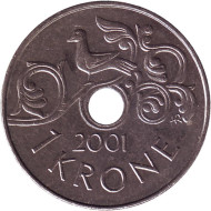 Монета 1 крона. 2001 год, Норвегия. Со звездой. Птица на виноградной лозе. Монета 1 крона. 2001 год, Норвегия. Со звездой. Птица на виноградной лозе.