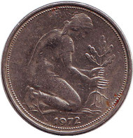 Монета 50 пфеннигов. 1972 (F) год, ФРГ. Женщина, сажающая дуб. Монета 50 пфеннигов. 1972 (F) год, ФРГ. Женщина, сажающая дуб.