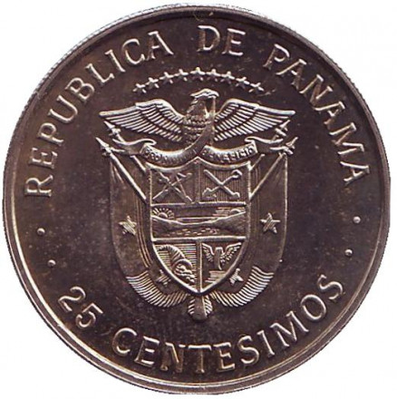 Монета 25 сентесимо. 1975 год, Панама. (Без отметки монетного двора). BU. Хусто Аросемена. Монета 25 сентесимо. 1975 год, Панама. (Без отметки монетного двора). BU. Хусто Аросемена.