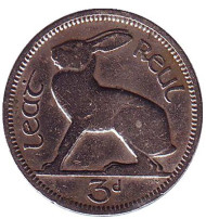 Монета 3 пенса. 1942 год, Ирландия. Заяц.