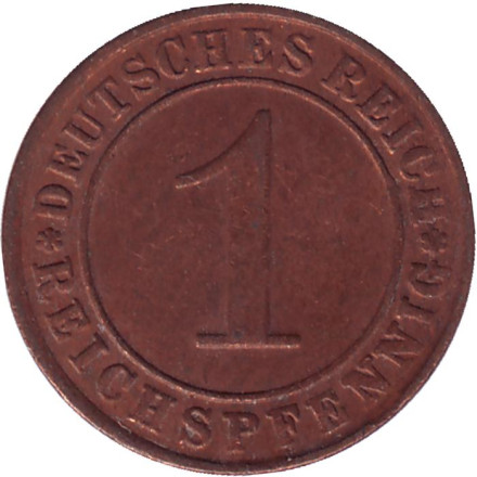 Монета 1 рейхспфенниг. 1934 год (G), Веймарская республика.