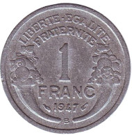 Монета 1 франк. 1947 B год, Франция. Монета 1 франк. 1947 B год, Франция.