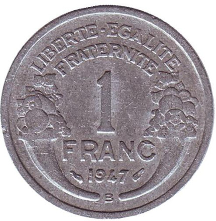 Монета 1 франк. 1947 B год, Франция.