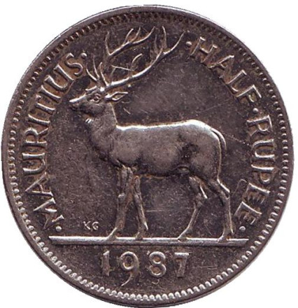 Монета 1/2 рупии. 1987 год, Маврикий. Олень. Сивусагур Рамгулам.