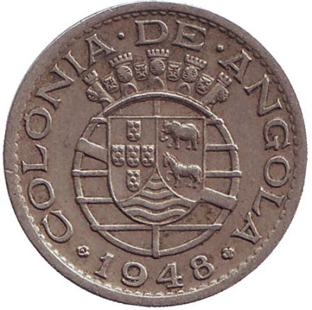 Монета 50 сентаво. 1948 год, Ангола в составе Португалии. 300 лет революции 1648 года.