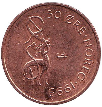 Монета 50 эре. 1999 год, Норвегия. Животное.