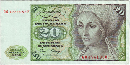 Банкнота 20 марок. 1980 год, ФРГ. Эльсбет Тухер. Скрипка, кларнет.