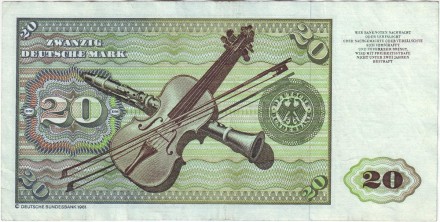 Банкнота 20 марок. 1980 год, ФРГ. Эльсбет Тухер. Скрипка, кларнет.