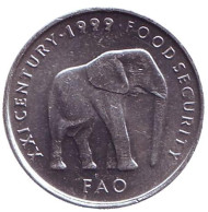 Монета 5 шиллингов. 1999 год, Сомали. ФАО. Слон. Монета 5 шиллингов. 1999 год, Сомали. ФАО. Слон.