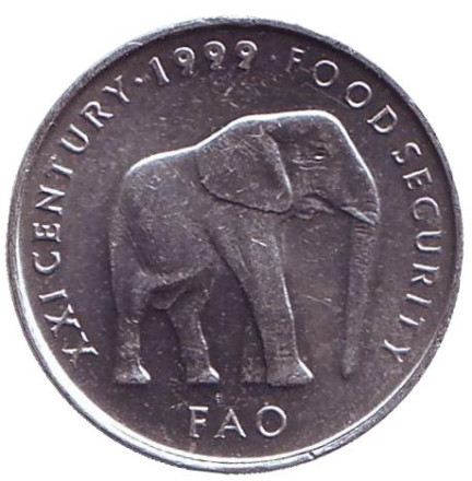 Монета 5 шиллингов. 1999 год, Сомали. ФАО. Слон.