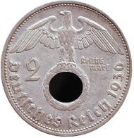 Монета 2 рейхсмарки. 1936 год, Германия (Третий Рейх). (G). Монета 2 рейхсмарки. 1936 год, Германия (Третий Рейх). (G).