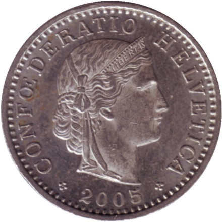 Монета 20 раппенов. 2005 год, Швейцария. Монета 20 раппенов. 2005 год, Швейцария.