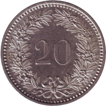 Монета 20 раппенов. 2005 год, Швейцария.