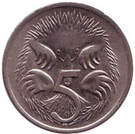 Монета 5 центов. 1969 год, Австралия. Ехидна. Монета 5 центов. 1969 год, Австралия. Ехидна.