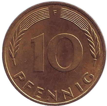 Монета 10 пфеннигов. 1990 год (F), ФРГ. Дубовые листья.