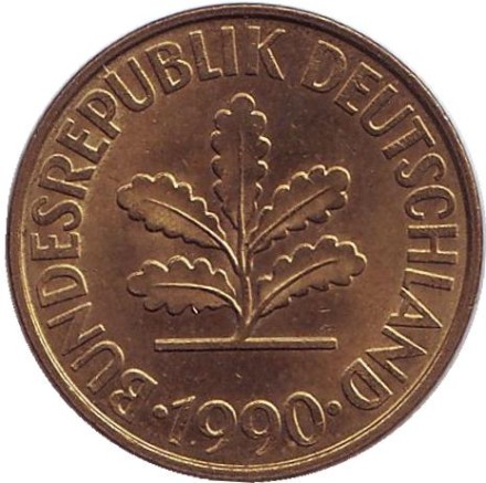 Монета 10 пфеннигов. 1990 год (F), ФРГ. Дубовые листья.