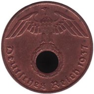 Монета 1 рейхспфенниг. 1937 год, Германия (Третий Рейх). (D). Монета 1 рейхспфенниг. 1937 год, Германия (Третий Рейх). (D).