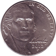Монета 5 центов. 2012 год (P), США. Джефферсон. Монтичелло. Монета 5 центов. 2012 год (P), США. Джефферсон. Монтичелло.