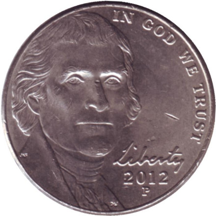 Монета 5 центов. 2012 год (P), США. Джефферсон. Монтичелло.