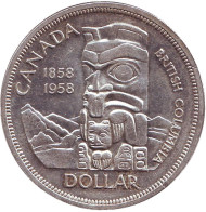 Монета 1 доллар. 1958 год, Канада. 100 лет со дня основания Британской Колумбии. Монета 1 доллар. 1958 год, Канада. 100 лет со дня основания Британской Колумбии.
