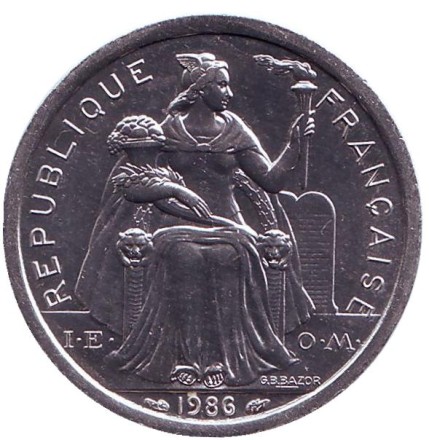 Монета 2 франка. 1986 год, Французская Полинезия. Монета 2 франка. 1986 год, Французская Полинезия.