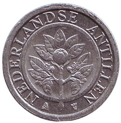 Монета 1 цент. 2005 год, Нидерландские Антильские острова. Цветок апельсинового дерева.