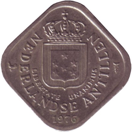 Монета 5 центов, 1976 год, Нидерландские Антильские острова. Монета 5 центов, 1976 год, Нидерландские Антильские острова.