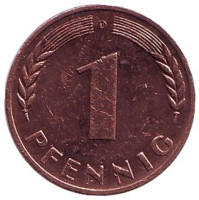 Дубовые листья. Монета 1 пфенниг. 1967 год (D), ФРГ.