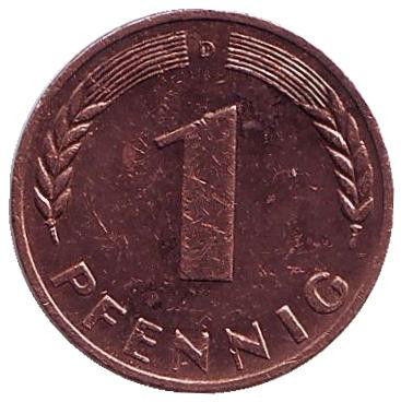 Монета 1 пфенниг. 1967 год (D), ФРГ. Дубовые листья.