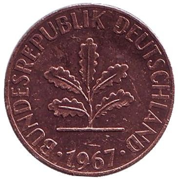 Монета 1 пфенниг. 1967 год (D), ФРГ. Дубовые листья.