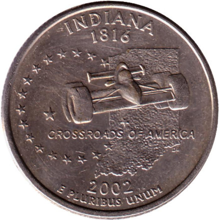 Монета 25 центов (P). 2002 год, США. Индиана. Штат № 19.
