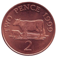 Корова. Монета 2 пенса. 1999 год, Гернси. UNC.